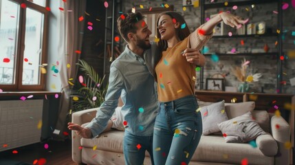 a happy young couple dancing in the living room with confetti background