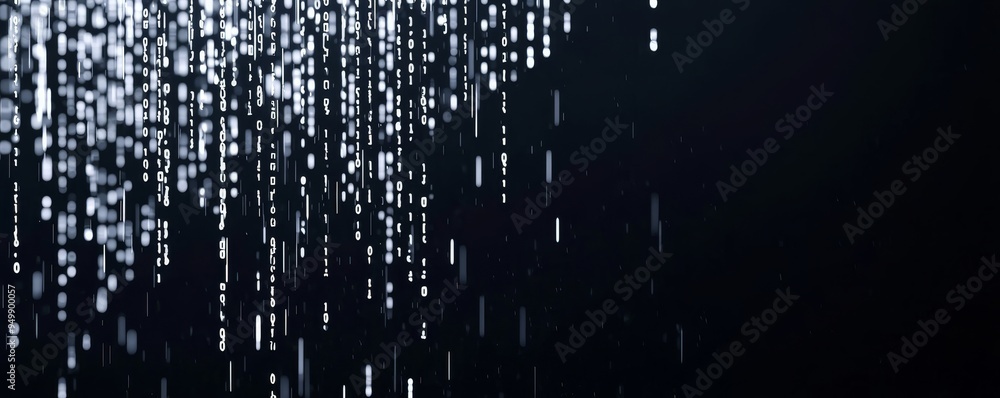 Poster a stream of white binary matrix code cascading down a dark background, reminiscent of the iconic dig