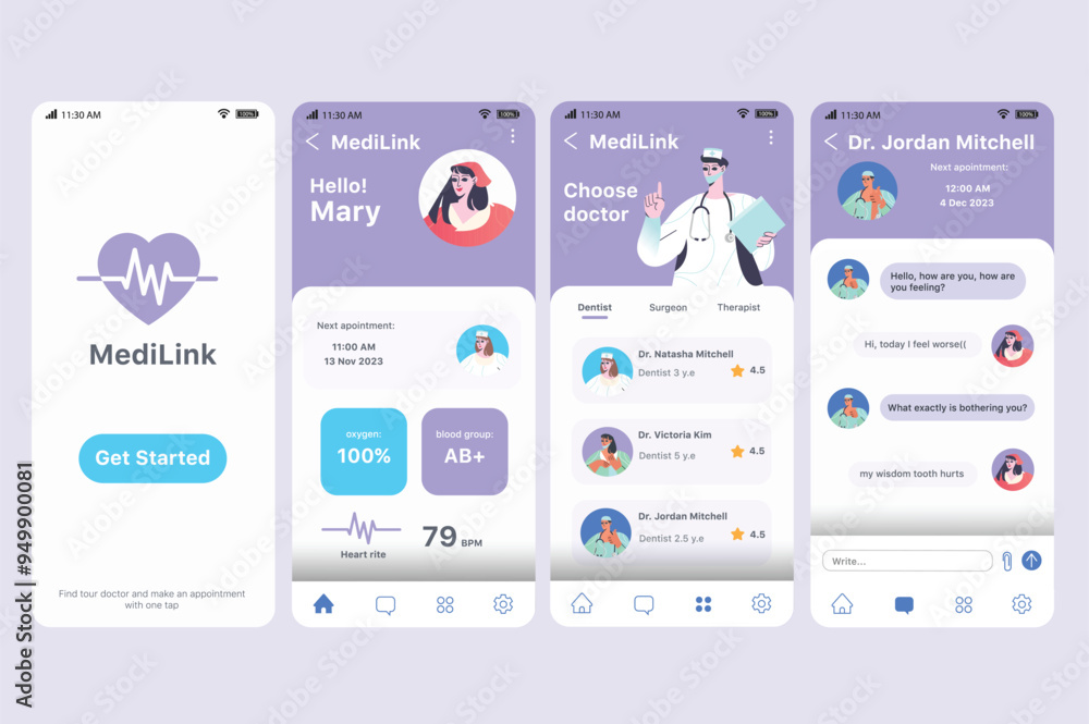 Aufkleber medical app concept in flat design. this image shows the user interface of the medilink with functio