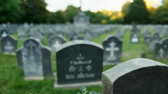 A white rose resting gently on a gravestone at a serene cemetery