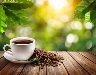 Green Bokeh and Wooden Table with Coffee Beans and Leaves
