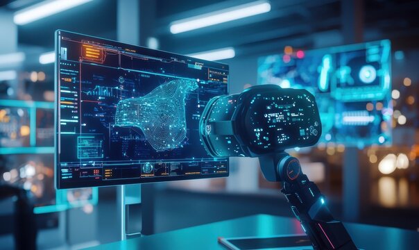 Virtual reality workspace, immersive environment with modern tech, 3D illustration