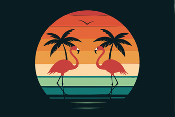 Vintage Sun with 2 Loving Flamingo Birds Logo - Vector Clipart & Graphics for T-Shirt Design 