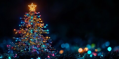 Abstract technological christmas tree shining with light connections on blue background