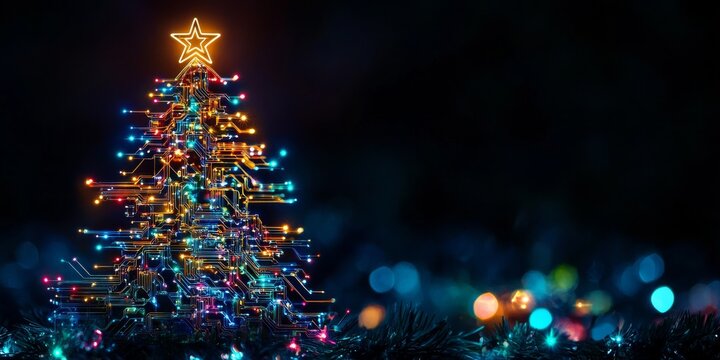 Abstract technological christmas tree shining with light connections on blue background