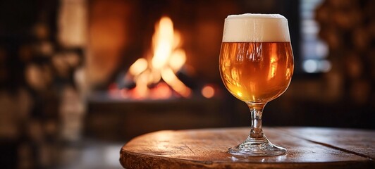 Cozy and inviting fireplace setting with a glass of amber colored craft beer resting on a rustic wooden table