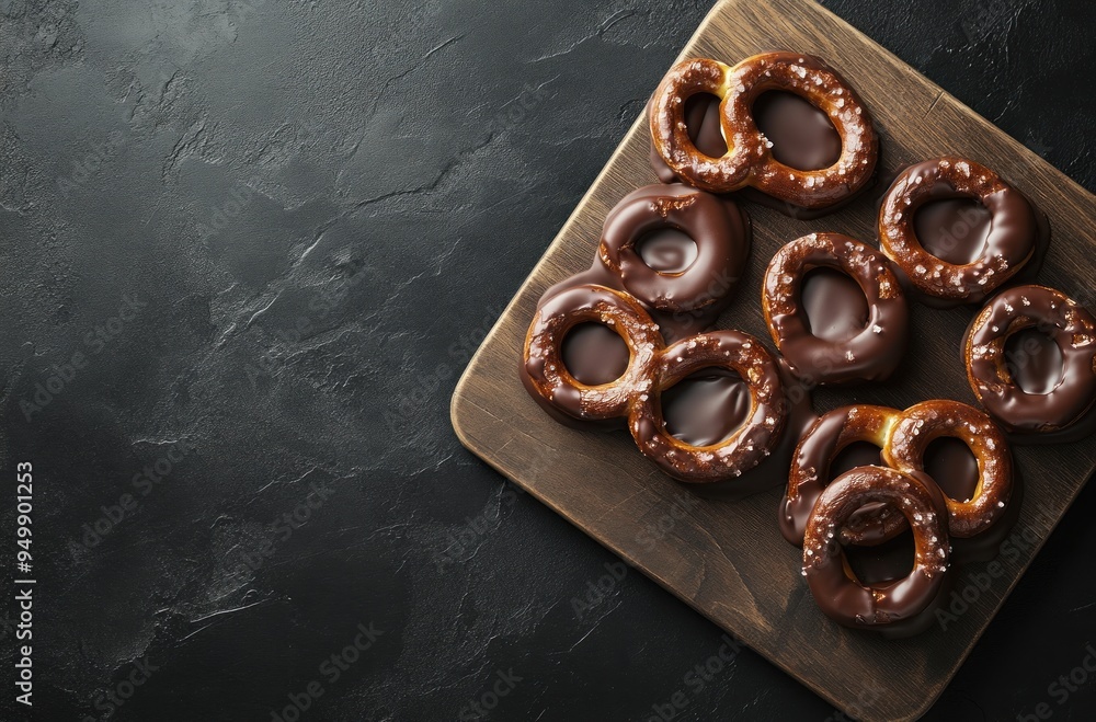 Wall mural Chocolate-Covered Pretzels on a Wooden Board