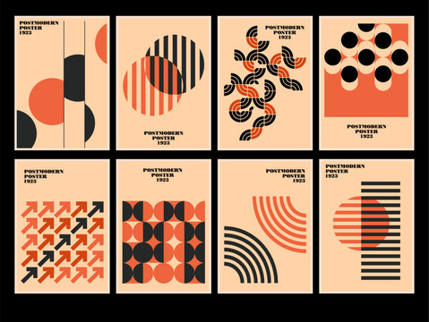 Set of 20s minimalistic geometric posters inspired postmodern of vector abstract dynamic symbols with bold geometric shapes, useful for web background, poster art design, hi-tech print, cover artwork