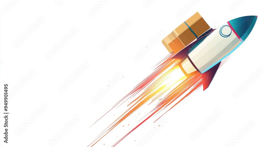 Poster a rocket carrying a parcel box soaring upwards, leaving a trail of speed lines behind. white backgro