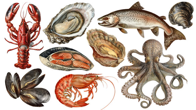 PNG vintage Seafood illustration element set, transparent background