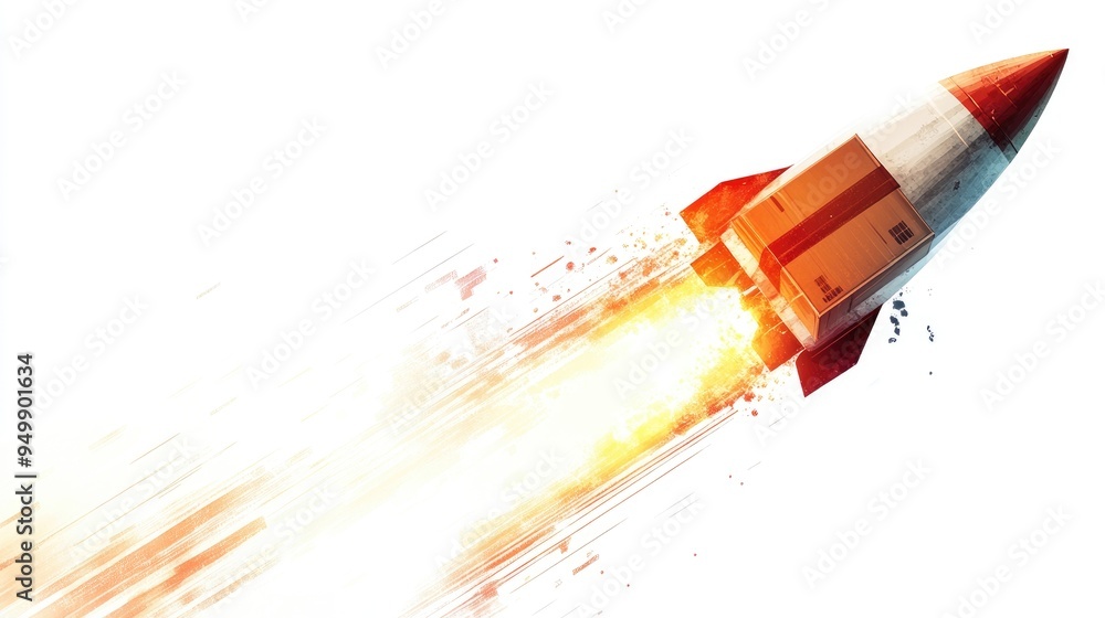 Poster a rocket carrying a parcel box soaring upwards, leaving a trail of speed lines behind. white backgro