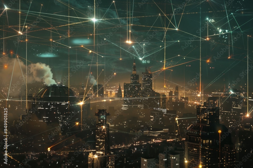 Poster a dazzling futuristic city filled with bright lights, showcasing an array of red lights that enhance