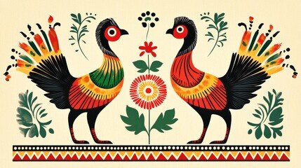 Obraz premium A traditional Vietnamese Dong Ho folk painting style design featuring simple yet expressive depictions of animals and nature. The colors are bright and earthy, with reds, greens, and yellows standing