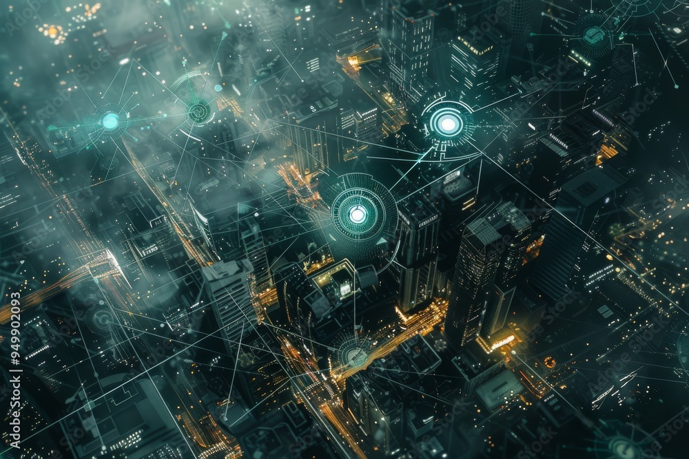 Poster a dazzling futuristic city filled with bright lights, showcasing an array of red lights that enhance