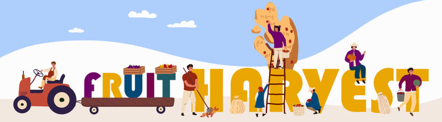 Text harvesting, harvesting fruit, harvesting vegetables. Huge letters, tiny people. Vector illustration, hand drawing.