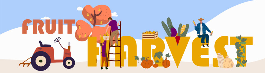 Text harvesting, harvesting fruit, harvesting vegetables. Huge letters, tiny people. Vector illustration, hand drawing.