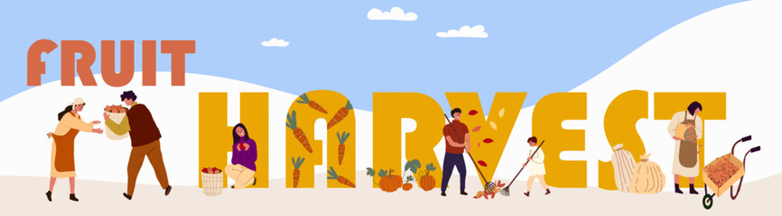 Text harvesting, harvesting fruit, harvesting vegetables. Huge letters, tiny people. Vector illustration, hand drawing.
