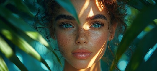 Obraz premium Enchanting Woman Surrounded by Lush Greenery in Natural Light Portraying a Serene and Captivating Presence in the Natural Environment