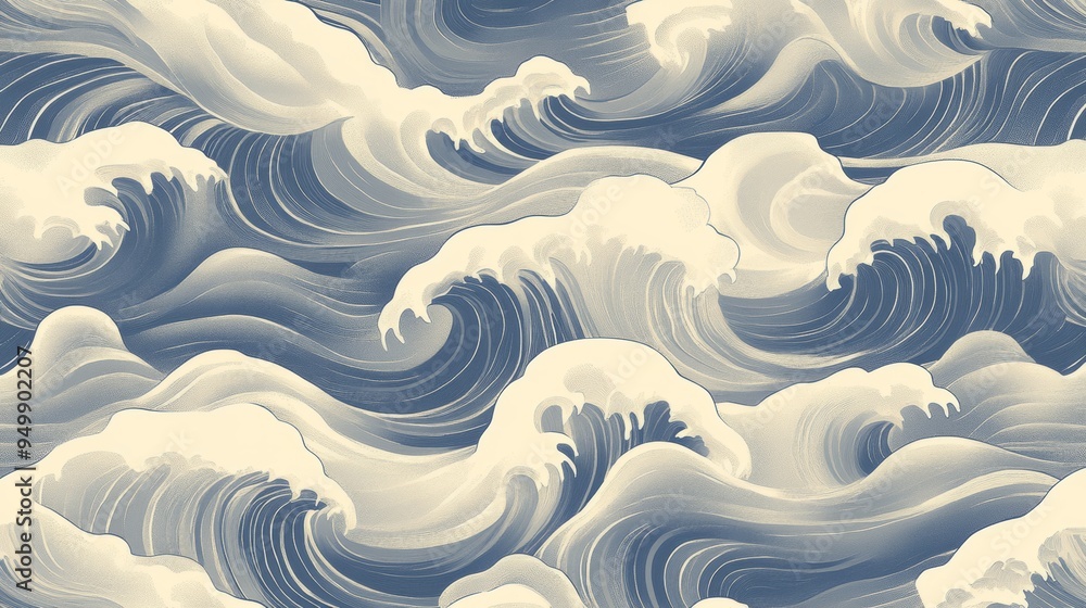 Poster a japanese-inspired wave pattern with a minimalist design in deep indigo and white. the waves are st