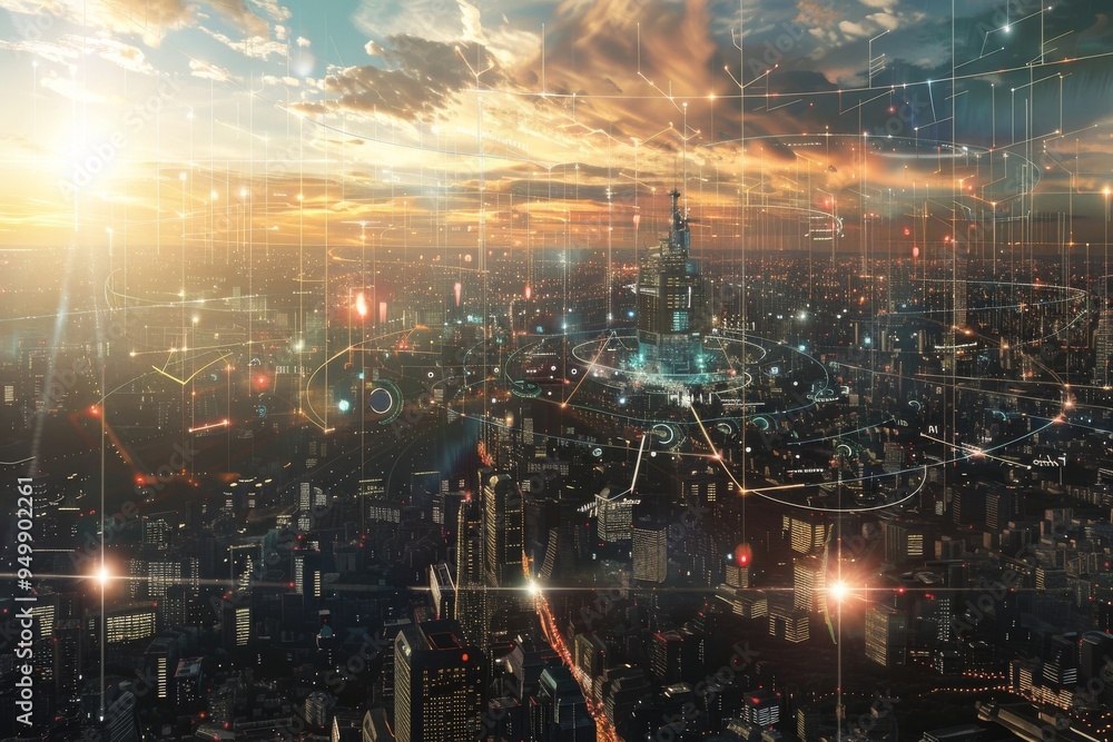 Poster a dazzling futuristic city filled with bright lights, showcasing an array of red lights that enhance
