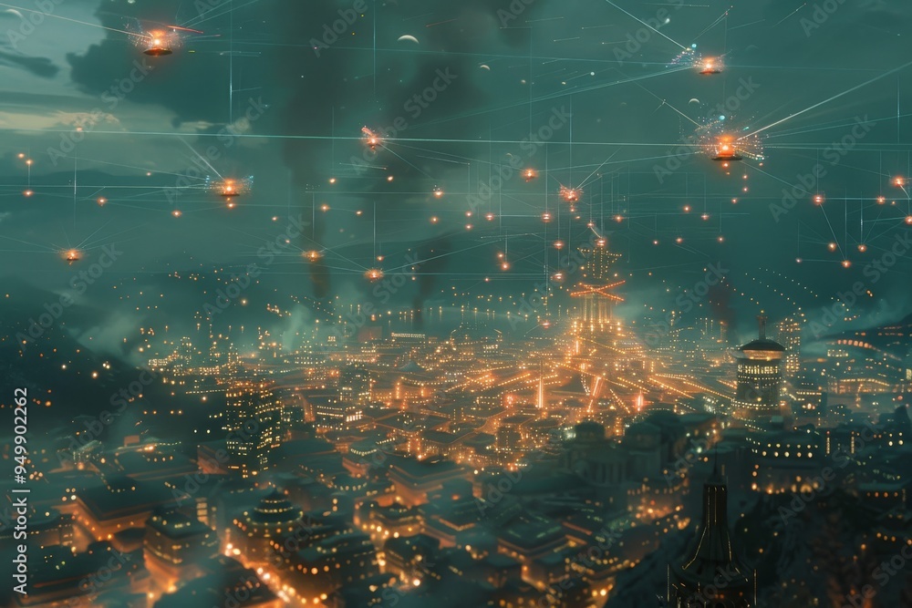 Poster a network of ai-controlled defense systems protecting a city from attack, ai generated