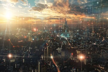 Obraz premium A dazzling futuristic city filled with bright lights, showcasing an array of red lights that enhance its modern aesthetic, A network of AI-controlled defense systems protecting a city from attack