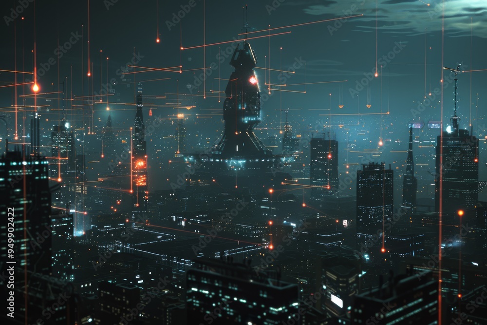 Poster a network of ai-controlled defense systems protecting a city from attack, ai generated