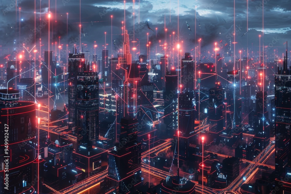 Poster a network of ai-controlled defense systems protecting a city from attack, ai generated