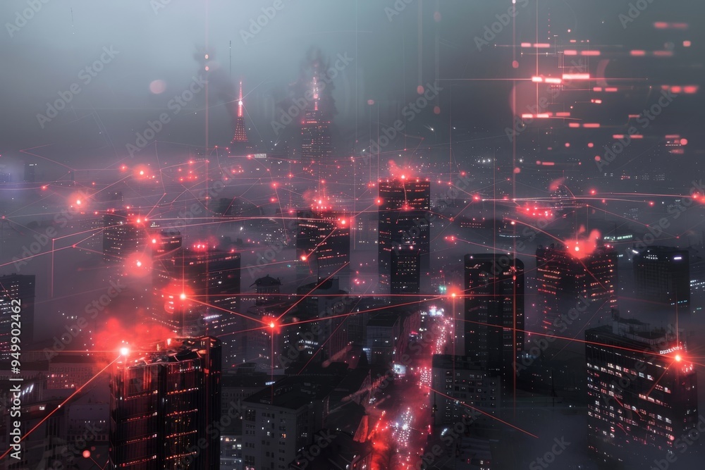 Aufkleber a modern city of the future, aglow with countless lights, highlighted by vivid red lights that creat