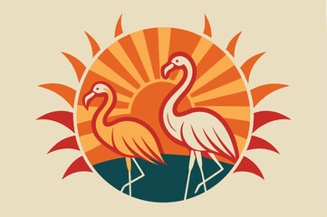 Vintage Sun with 2 Loving Flamingo Birds Logo - Vector Clipart & Graphics for T-Shirt Design 