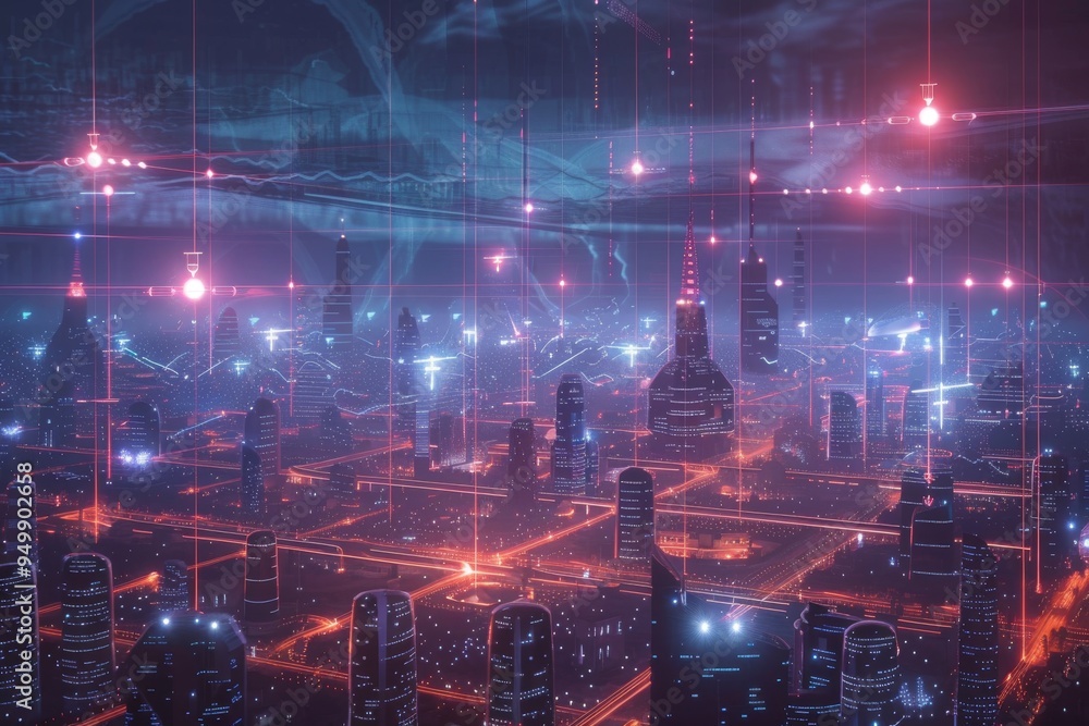 Aufkleber a modern city of the future, aglow with countless lights, highlighted by vivid red lights that creat