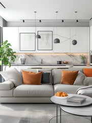 Modern living room with sofa and kitchen connected home interior