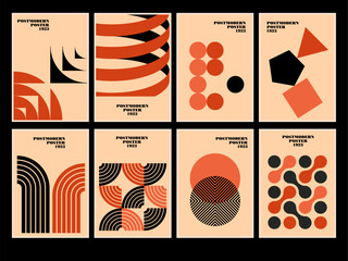 Set of 20s minimalistic geometric posters inspired postmodern of vector abstract dynamic symbols with bold geometric shapes, useful for web background, poster art design, hi-tech print, cover artwork