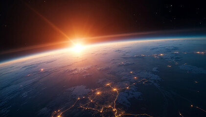 Obraz premium A breathtaking view of sunrise from space, showcasing Earth's curvature illuminated by city lights and vibrant atmospheric colors.