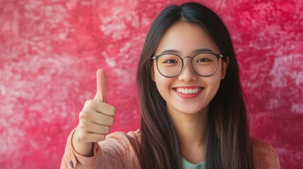 A smiling Chinese woman with glasses giving a thumbs-up. Achievement, positivity, success.