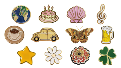 PNG enamel lifestyle pin element set, transparent background