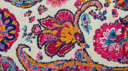 A traditional Indian block print design featuring intricate patterns of flowers and paisleys in vibrant colors like red, blue, and yellow. The design is detailed and symmetrical, with the patterns