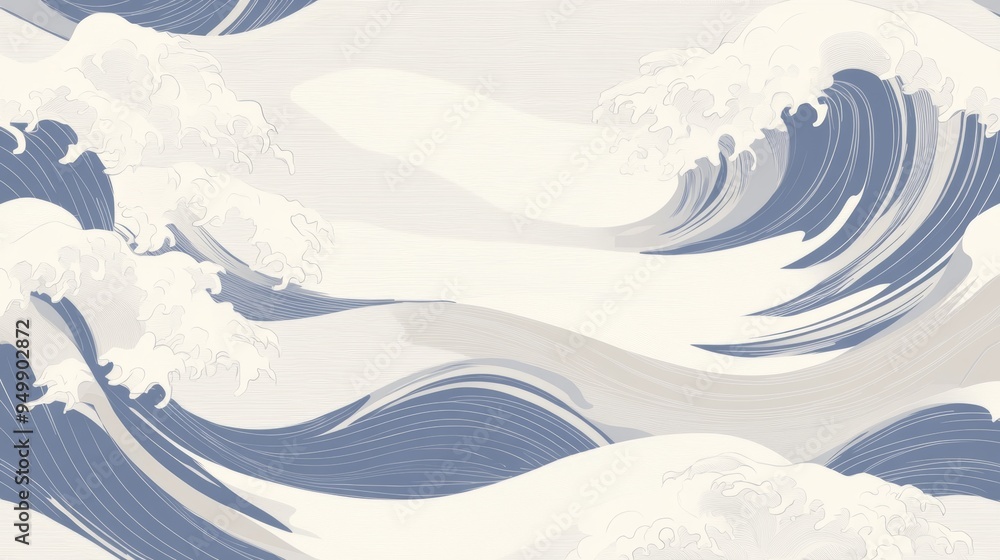 Poster a japanese-inspired wave pattern with stylized, flowing lines in shades of blue and white. the waves