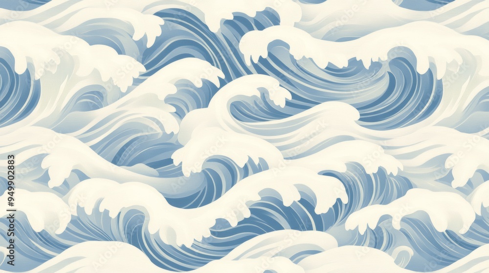 Poster a japanese-inspired wave pattern with stylized, flowing lines in shades of blue and white. the waves