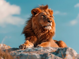 Obraz premium Majestic Lion Resting on Rocky Outcrop Overlooking Its Kingdom