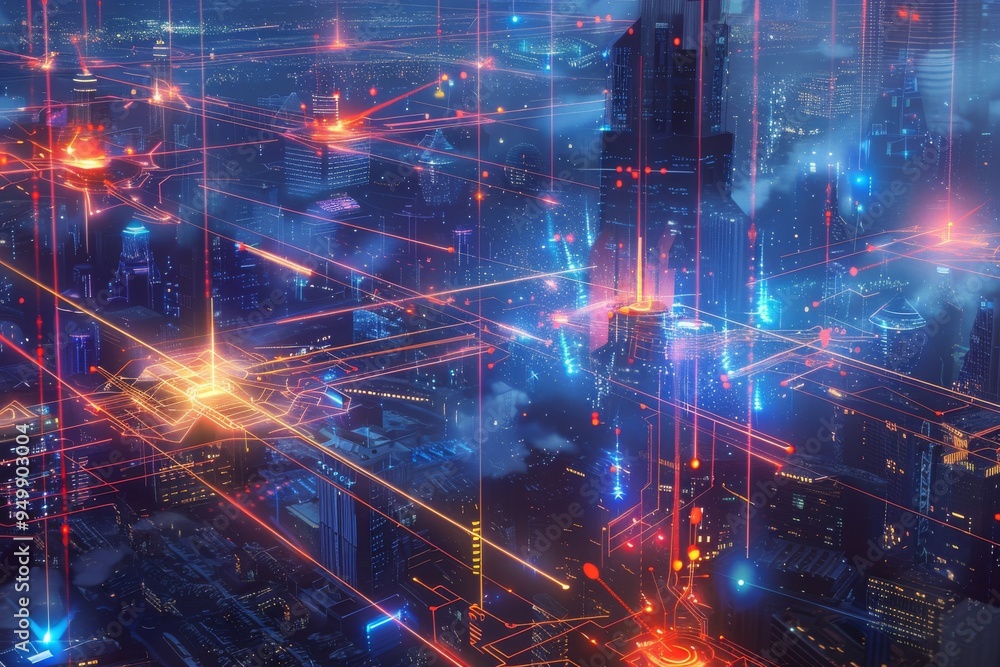 Aufkleber a modern city of the future, aglow with countless lights, highlighted by vivid red lights that creat