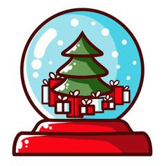 Christmas Glass Ball With Christmas Tree And Gift Boxes SVG PNG. Outline Isolated.