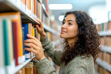 Woman browsing bookshelves in library