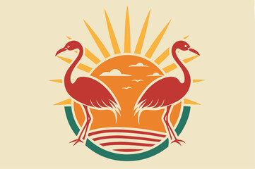 Vintage Sun with 2 Loving Flamingo Birds Logo - Vector Clipart & Graphics for T-Shirt Design 