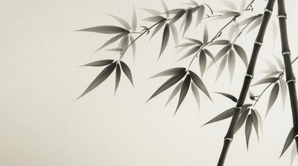 Obraz premium A detailed Chinese ink painting of bamboo, with graceful stalks and leaves in shades of black and grey. The bamboo is depicted with fine, flowing lines, creating a sense of movement and harmony. The