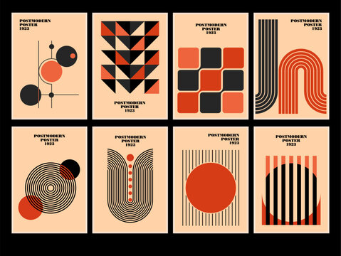 Set of 20s minimalistic geometric posters inspired postmodern of vector abstract dynamic symbols with bold geometric shapes, useful for web background, poster art design, hi-tech print, cover artwork