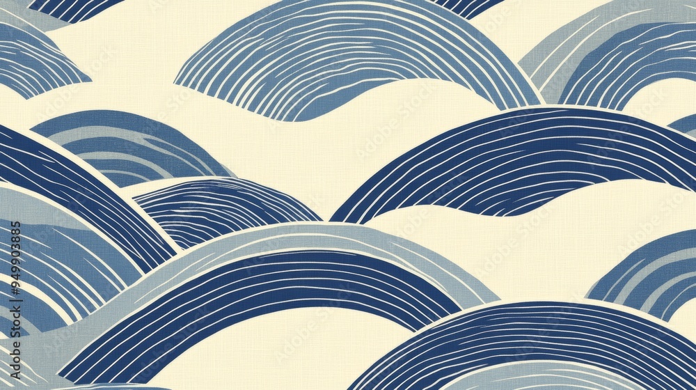 Poster a japanese-inspired wave pattern with stylized, flowing lines in shades of blue and white. the waves