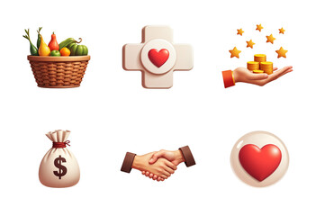 Fototapeta premium Charity Symbols of peace, sustainability, and faith: dove, coins, water drop, book, globe, and church