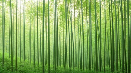 Fototapeta premium A dense bamboo forest with tall, slender stalks reaching towards the sky. The leaves create a dappled pattern of light and shadow on the forest floor. The green hues are rich and vibrant, with a