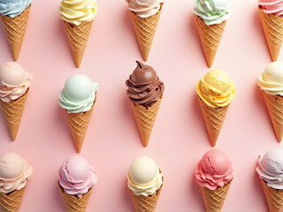 Colorful ice cream cones arranged in a grid pattern on a pastel pink background. Ideal for dessert-themed projects, summer campaigns, or menu designs. High-quality stock image.
